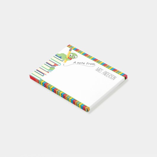 Ein Hinweis von Lehrer mit einem Bookworm Post-it Klebezettel (angewinkelt)