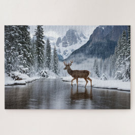 Ein Hirsch an einem Fluss im Winter Puzzle