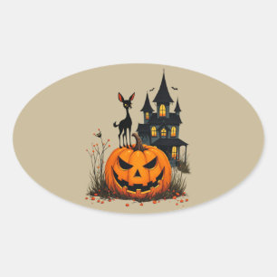 Ein Hirsch auf einem Halloween-Kürbis und einem Sp Ovaler Aufkleber