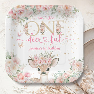 Ein Hirsch-ful 1. Geburtstag Mädchen Rosa Rehkitz Pappteller