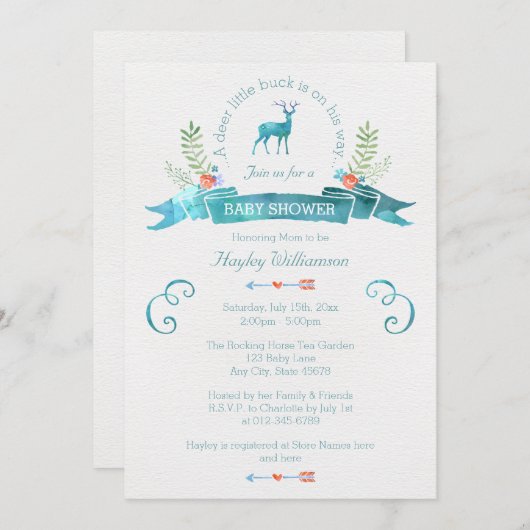 Ein Hirschgespinst Wasserfarbenbanner Kinderdusche Einladung (Vorne/Hinten)