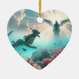 Ein hübsches Mädchen findet einen Engel beim Schno Keramik Ornament
