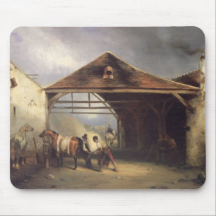 Ein Hufschmied, der ein Pferd beschuht Mousepad