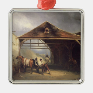 Ein Hufschmied, der ein Pferd beschuht Silbernes Ornament
