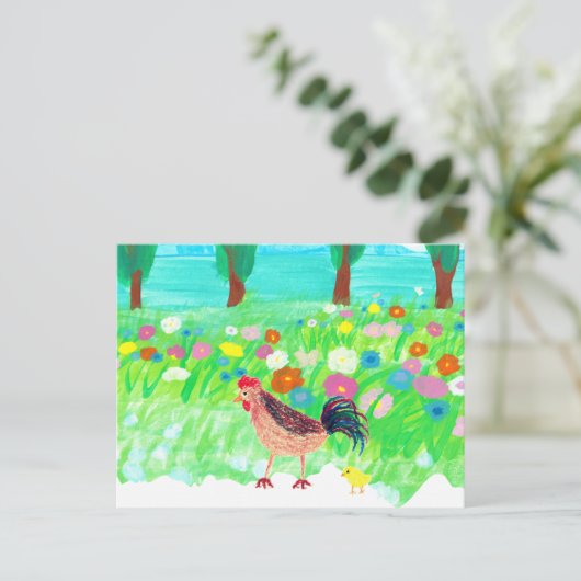 Ein Huhn und ein Baby Kick im Garten Postkarte (Stehend Vorderseite)