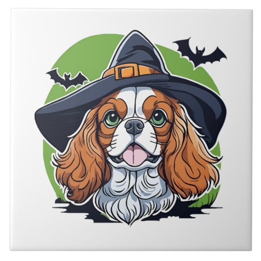 Ein Hund, der einen Hexenhut mit Fledermäusen träg Fliese (Vorderseite)