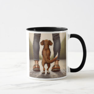 Ein Hund geht mit seinem Meister spazieren. Tasse