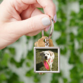 Ein Hund mit einem Frisbee Schlüsselanhänger (Hand)