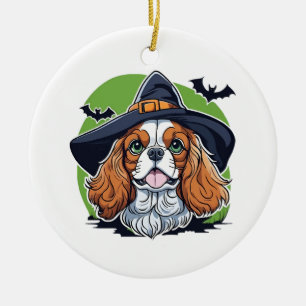 Ein Hund mit einem Hexenhut mit Fledermäusen Keramik Ornament