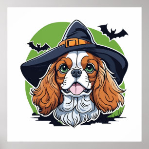 Ein Hund mit einem Hexenhut mit Fledermäusen Poster