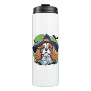 Ein Hund mit einem Hexenhut mit Fledermäusen Thermosbecher