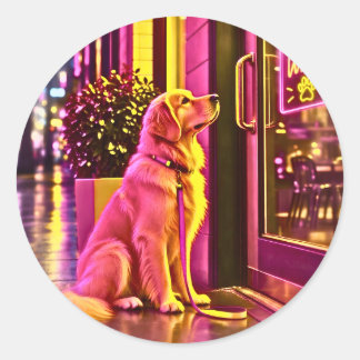 Ein Hund wartet vor einem Geschäft auf seinen Besi Runder Aufkleber