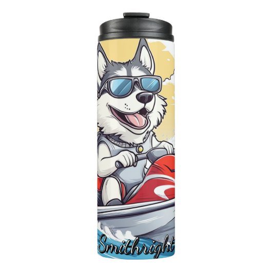 Ein Husky-Hund auf einem Jet-Ski Thermosbecher (Vorderseite)