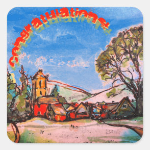 Ein idyllischer britischer Village & Regenbogentex Quadratischer Aufkleber