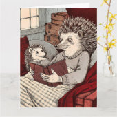 Ein Igel in einem Cover, der ein Buch unter Karte (Gelbe Blume)