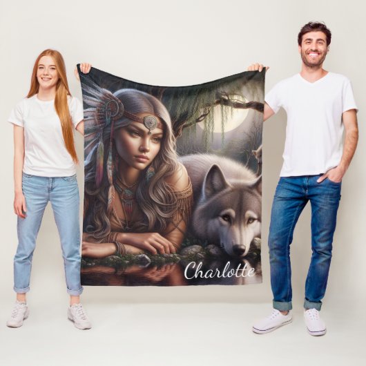 Ein indischer Ureinwohner und ein Wolf, der am Was Fleecedecke (Beispiel)