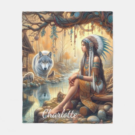 Ein indisches Indianermädchen und ein Wolf an eine Fleecedecke (Vorderseite)