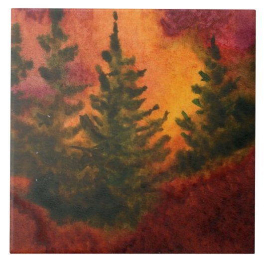 Ein intensiver Sonnenuntergang mit Kiefern auf ein Fliese (Vorderseite)