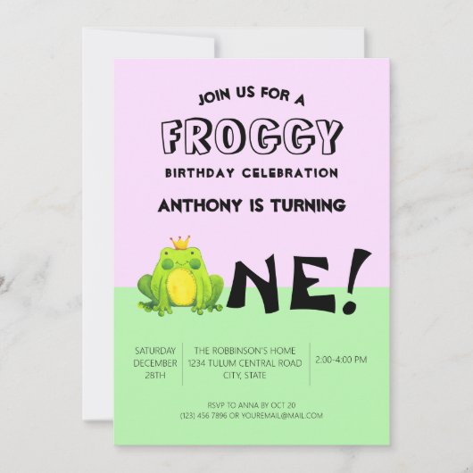 Ein Jahr alt Geburtstag Party Frosch Thema Einladung (Vorderseite)