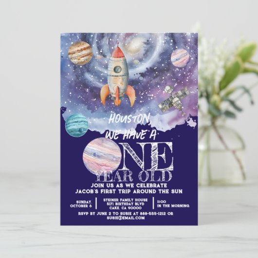 Ein Jahr alter Weltraumamonent Geburtstag Einladung (Stehend Vorderseite)