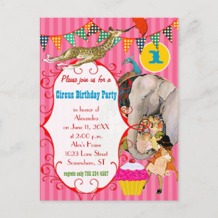 Ein Jahr alter Zirkus Elephant Peacock Giraffe Par Einladungspostkarte