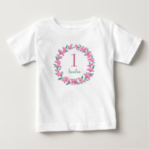 Ein Jahr Geburtstag Mädchen Rosa Blumenkraut Baby T-shirt
