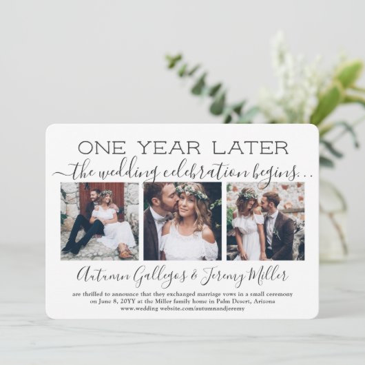 Ein Jahr Jubiläum Empfang 4 Foto Hochzeit Einladung (Stehend Vorderseite)