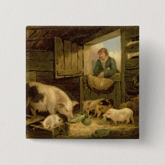 Ein Junge, der einen Schwein-Schweinestall, 1794 Button (Vorderseite)