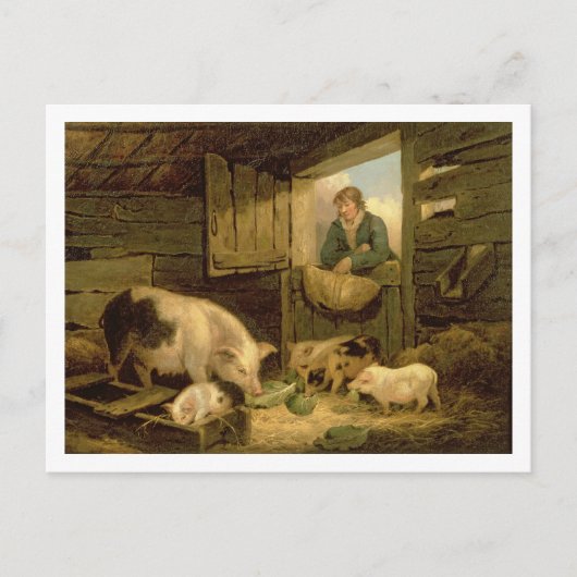 Ein Junge, der einen Schwein-Schweinestall, 1794 Postkarte (Vorderseite)
