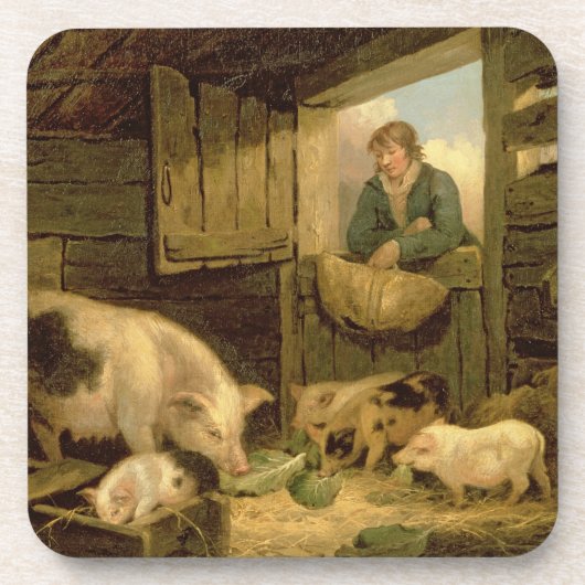 Ein Junge, der einen Schwein-Schweinestall, 1794 Untersetzer (Vorderseite)