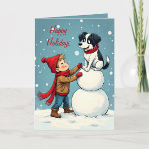 Ein Junge, sein Hund und ein Schneemann in den Sch Karte