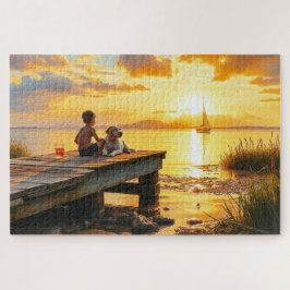 Ein Junge und sein Hund am See bei Sonnenuntergang Puzzle
