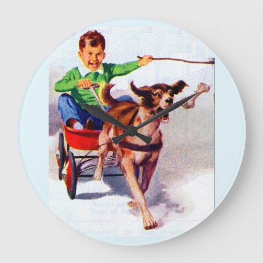 Ein Junge und sein Hundewagen Große Wanduhr (Vorderseite)