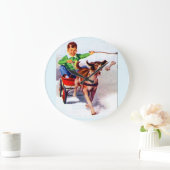 Ein Junge und sein Hundewagen Große Wanduhr (Zuhause)