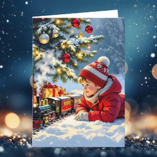 Ein Junge und sein Weihnachtszug altmodisch Feiertagskarte