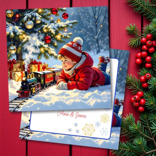 Ein Junge und sein Weihnachtszug altmodisch Karte