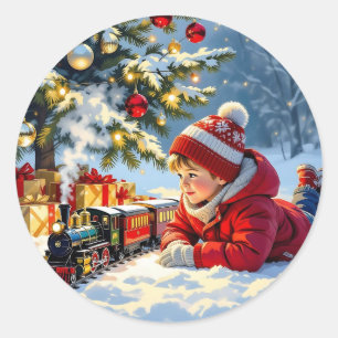 Ein Junge und sein Weihnachtszug altmodisch Runder Aufkleber