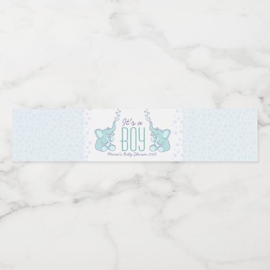 Ein Junge zwei duschende blaue Elefanten Wasserflaschenetikett (Einzelnes Label)