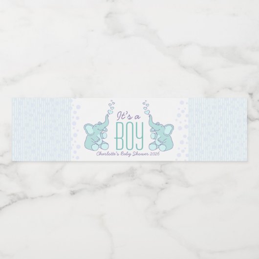 Ein Junge zwei duschende blaue Elefanten Wasserflaschenetikett (Einzelnes Label)