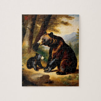 Ein junger Bär spielt mit seiner Mutter Puzzle