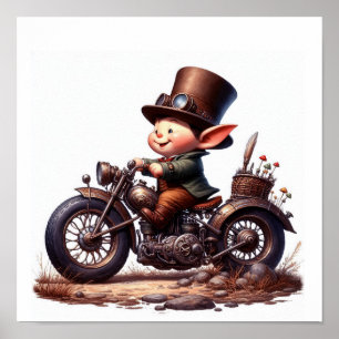 Ein junger glücklicher Junge fährt ein Steampunk-M Poster