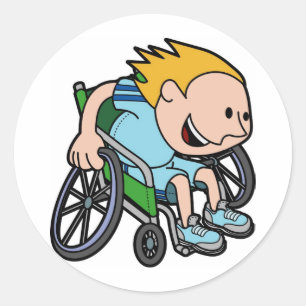 Ein junger Junge, der in einem Rollstuhl läuft Runder Aufkleber