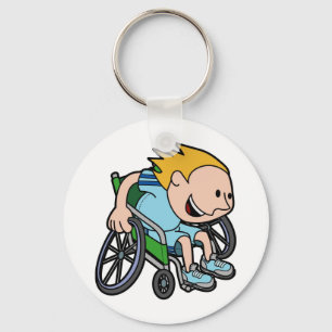 Ein junger Junge, der in einem Rollstuhl läuft Schlüsselanhänger