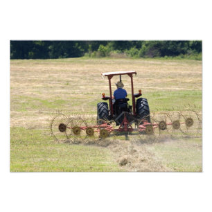 Ein junger Junge fährt einen Traktor zur Ernte Fotodruck