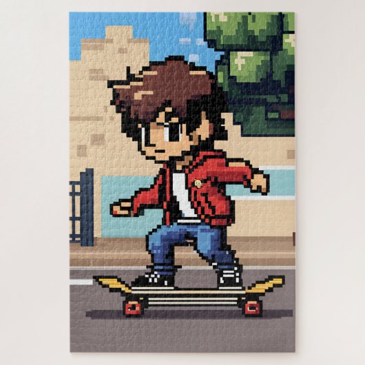 Ein junger Mann, der Skateboard in Pixel Art Puzzle (Vertikal)