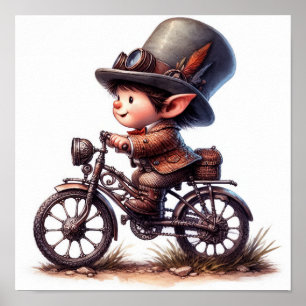 Ein junges glückliches Kind fährt ein Steampunk-Fa Poster