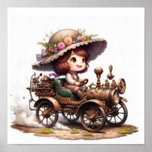 Ein junges glückliches Kind fährt ein Steampunk-Fa Poster