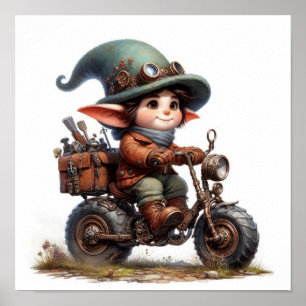 Ein junges glückliches Kind fährt ein Steampunk-Mo Poster