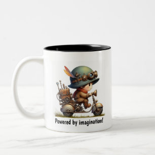 Ein junges glückliches Kind fährt ein Steampunk-Sk Zweifarbige Tasse