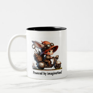 Ein junges glückliches Kind fährt ein Steampunk-Sk Zweifarbige Tasse
